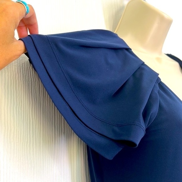 BCBGeneration - Navy Blue Stretch Wrap With Pleat Flutter Shoulders Dress Size M - Picture 5 of 13